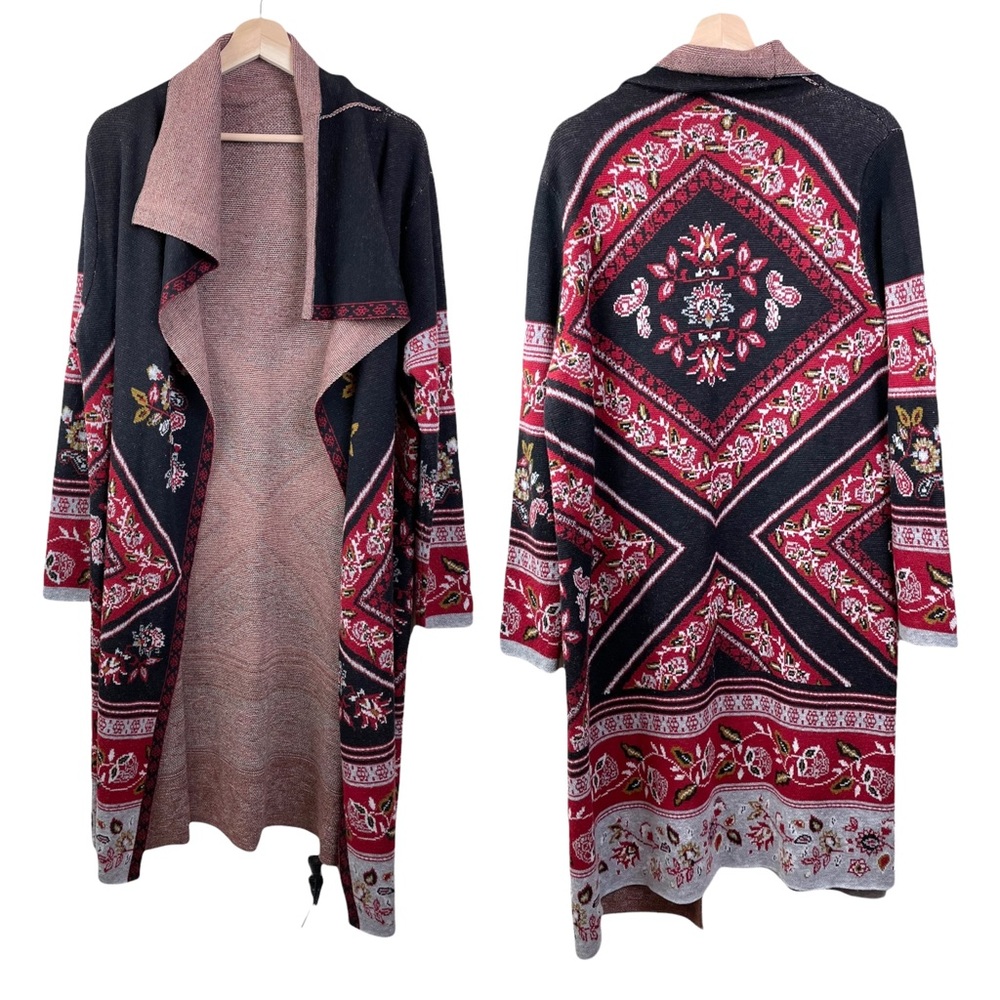 BCBGMaxAzria Cardigan Long Waterfall Wool Blend Black Red Floral